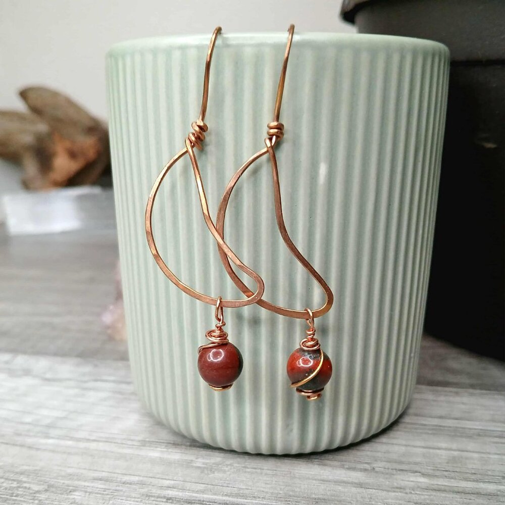 BOGO EARRINGS Bloodstone crescent moon copper dangle earrings, 2.5"